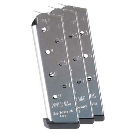 Get the reliability of Chip McCormick's 1911 8-round stainless steel magazines, perfect for range trips or concealed carry, plus a convenient double magazine pouch.