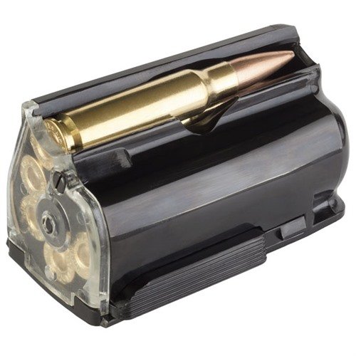 The STEYR MANNLICHER SSG69 5RD MAGAZINE offers a durable polymer build, rotary design for smooth feeding, and a transparent rear for easy round count assessment.