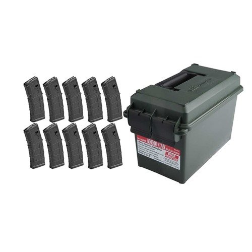 Get ten durable AR-15/M16 magazines with a moisture-resistant ammo can, perfect for long-term storage and easy transport of your gear.