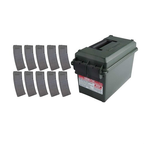 Get ten reliable AR-15/M16 magazines in a durable 50 cal ammo can, featuring an O-Ring seal to protect against moisture and debris for long-term storage.