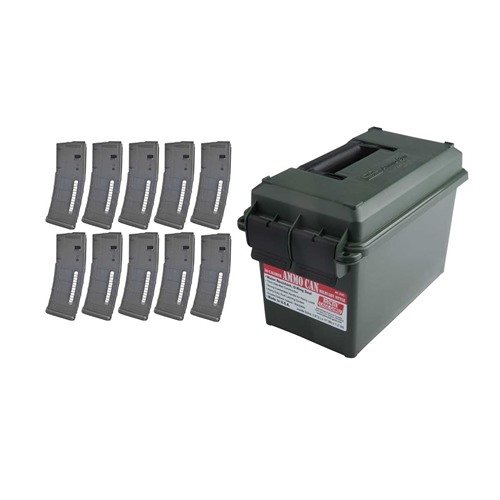 Get ten AR-15/M16 magazines with a durable 50 caliber ammo can, featuring an O-Ring seal to protect against moisture and debris for long-term storage.