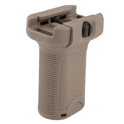 The BCMGunfighter Short Vertical Grip enhances weapon control with a natural wrist angle, features a reversible cross-bolt design, and includes a handy storage compartment.