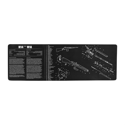 Protect your firearm with the heavy-duty TEK MAT cleaning mat, featuring a soft polyester top, non-slip neoprene backing, and an exploded parts diagram for M14/M1A.