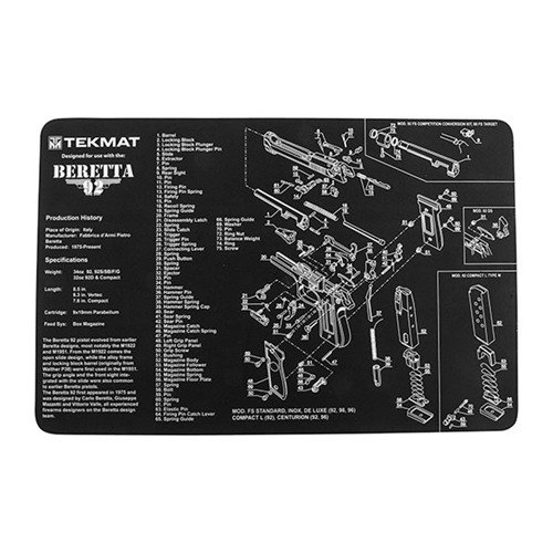 Protect your Beretta 92 with this heavy-duty TEK MAT, featuring a soft polyester top, non-slip neoprene backing, and an exploded parts diagram for easy maintenance.