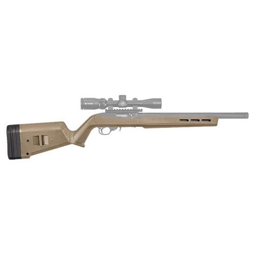 The MAGPUL Hunter X-22 Stock for Ruger 10/22 features durable polymer construction, adjustable LOP, improved ergonomics, and M-LOK compatibility for accessories.
