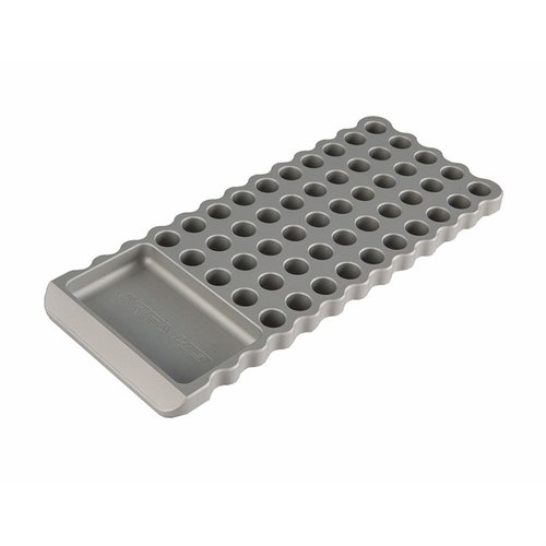 The Area 419 Billet Loading Block, anodized for durability, holds 50 rounds securely with rubber pads to prevent sliding and features a powder-catching divot.