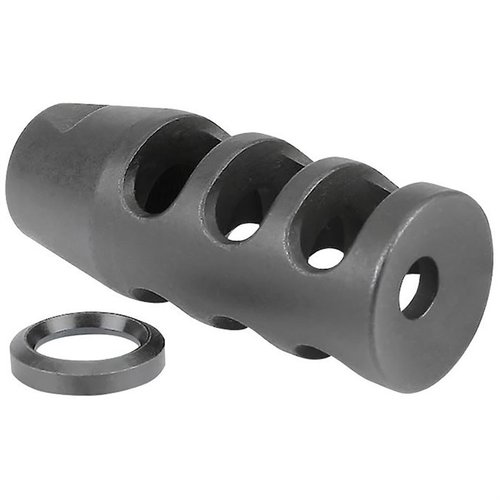 The Midwest Industries AR-15 Muzzle Brake features a three-chamber design to reduce muzzle rise, made from durable tool steel, with 1/2-28 threads and a lifetime warranty.