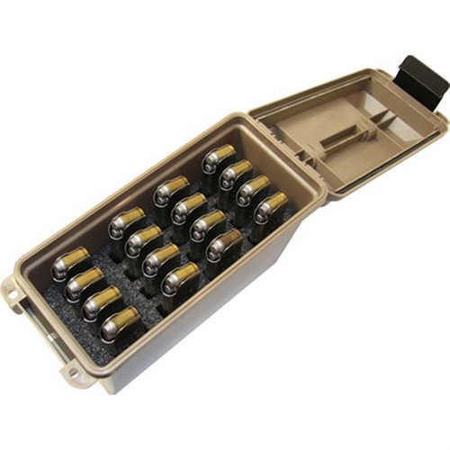 The MTM Case-Gard Tactical Mag Can securely holds 16 single-stack 1911 magazines with precut foam padding, featuring a stackable design and double padlock tabs.