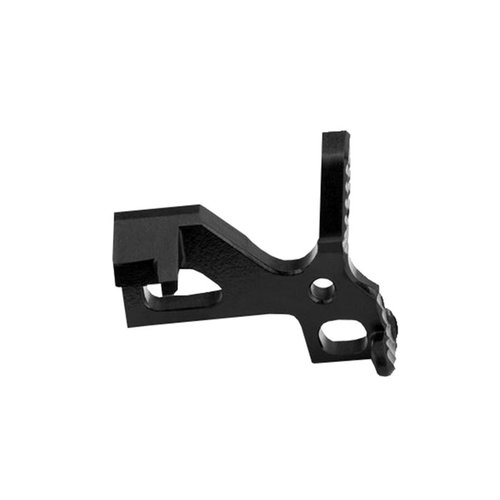 The AR-15 Enhanced Bolt Catch features precision CNC billet steel, oversized control surfaces for easy engagement, and a lightweight, robust design with a black oxide finish.