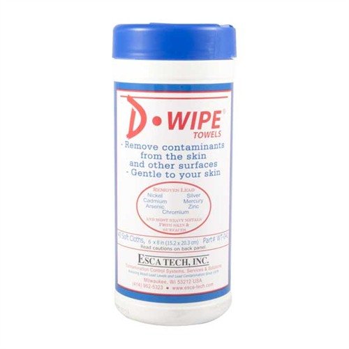 D-Lead Wipe Towels effectively remove harmful lead and heavy metals from skin and surfaces, ideal for shooting and reloading, with 40 portable wipes per can.