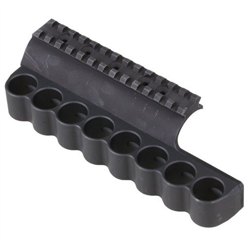 The Mesa Tactical Receiver Mount Shotshell Holder securely holds 8 extra 12 gauge shells for fast reloading, featuring durable aluminum construction and easy installation.