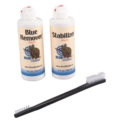The BLUE WONDER BLUE REMOVAL SYSTEM quickly strips old bluing, preparing metal for refinishing in minutes, with a brush for precision and easy application.