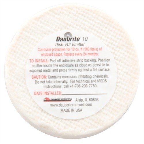 The DAUBRITE® 10 DISK VCI EMITTER protects metals from moisture and corrosion for 24 months, covering 10 cu. ft. with easy adhesive installation.