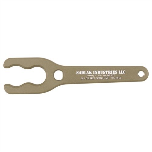 The SADLAK Industries M14/M1A Gas Cylinder Wrench simplifies gas plug removal and piston cleaning, featuring durable aluminum construction and a compact design.