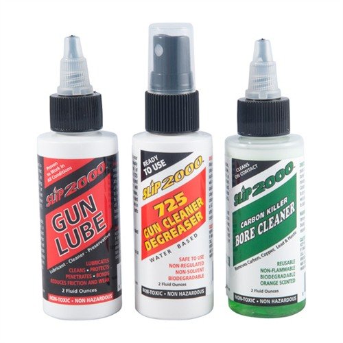 The SLiP 2000 3-Pack includes a 725 Gun Cleaner/Degreaser, Carbon Killer, and Gun Lube, ensuring your firearm is clean, lubricated, and protected in any condition.