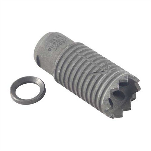 The TROY INDUSTRIES Claymore Muzzle Brake directs blast and noise forward, reduces recoil, and features a unique breeching design with a humorous inscription.