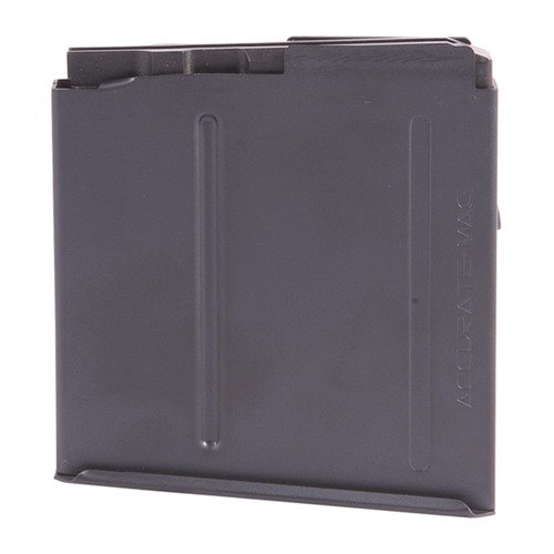.338 Lapua Long Action 5rd AICS Magazine by Accurate Mag features heat-treated steel, Teflon finish, and polymer follower for reliable feeding, compatible with AICS rifles.