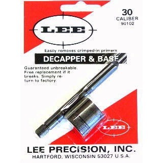 The LEE Precision Decapper & Base easily removes crimped primers from military cases, perfect for .30 cal, ensuring efficient reloading and reliable performance.