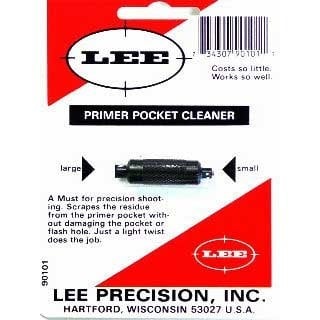 The LEE Precision Primer Pocket Cleaner features a double-ended design for cleaning both large and small primer pockets, ensuring better accuracy and safety with a secure grip.