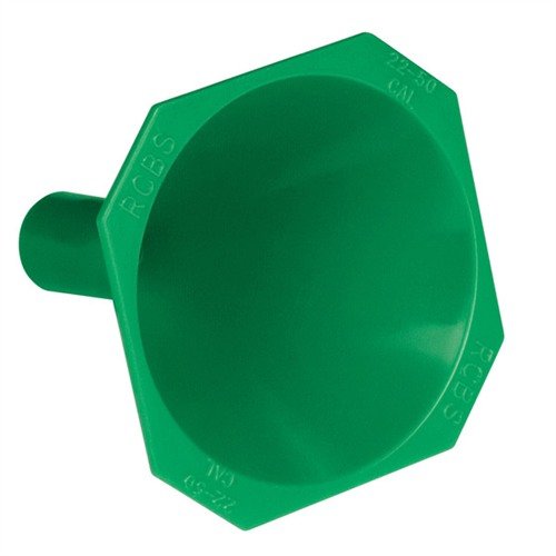 The RCBS Powder Funnel features a drop tube to prevent spills, a non-stick, anti-static surface, and a square lip for stability, fitting WSM cartridges.