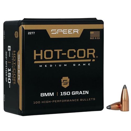 Experience unmatched accuracy and reliability with Speer Hot-Cor 8mm Spitzer Bullets, featuring a solid lead core for consistent performance in every shot.