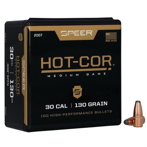 Experience unmatched accuracy with Speer Hot-Cor 30 Caliber Soft Point Flat Nose Bullets, designed for consistent performance and reliability in every shot.