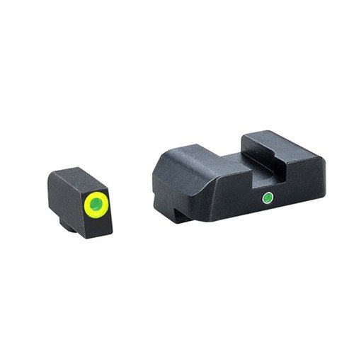 Enhance your shooting with AMERIGLO Pro I-DOT Night Sight Set for Glock®, featuring instinctive alignment, tritium visibility, and a lime-green outline.