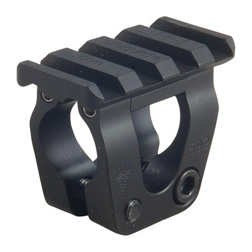 The RS Regulate BM-1 Accessory Mount securely fits 0.59” AKM barrels, allowing near-360° positioning for lights or lasers with 4 Picatinny slots.