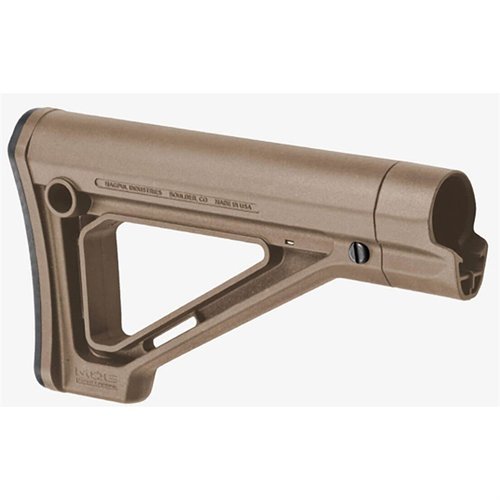 The MAGPUL MOE Fixed Carbine Stock offers a slim profile, improved cheek weld, and multiple sling attachment options, perfect for AR-15/M16 rifles.