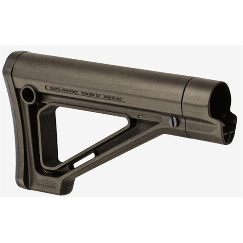 The MAGPUL MOE Fixed Carbine Stock offers a slim profile, improved cheek weld, multiple sling options, and easy installation on AR-15/M16 carbine buffer tubes.