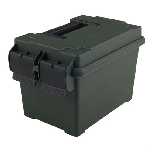 The MTM 45 Caliber Ammo Can features a lightweight, rugged design with a water-resistant O-ring seal, dual latches, and a secure handle for easy transport.