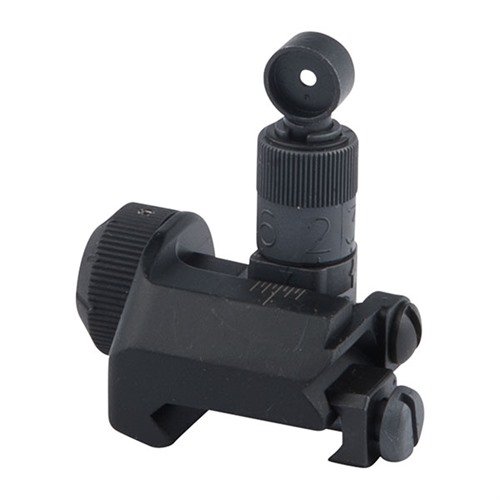 The KAC 600 Meter Tactical Rear Sight offers precision with a finger-adjustable drum for fast target engagement from 200 to 600 meters, ideal for Picatinny rails.