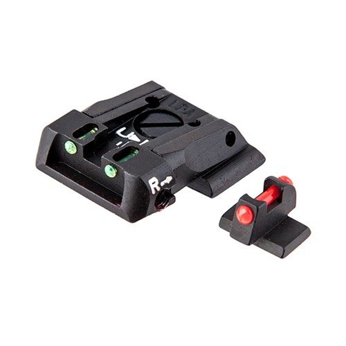 Enhance your shooting accuracy with the S&W M&P Fiber Optic Adjustable Sight Set, crafted from solid steel for durability and featuring a tapered dovetail for secure fit.