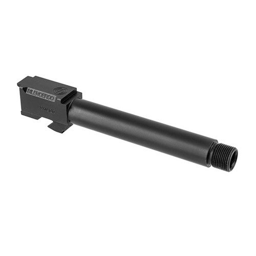 Upgrade your Glock® with Silencerco's 416R stainless steel threaded barrels, featuring 1/2x28 threads for 9mm, available in black nitride or natural finish.