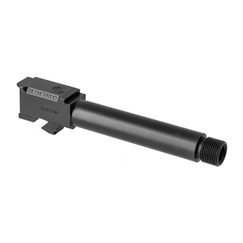 Upgrade your Glock® with Silencerco's 416R stainless steel threaded barrels, featuring 1/2x28 threads, available in black nitride or natural finish, includes thread protector.