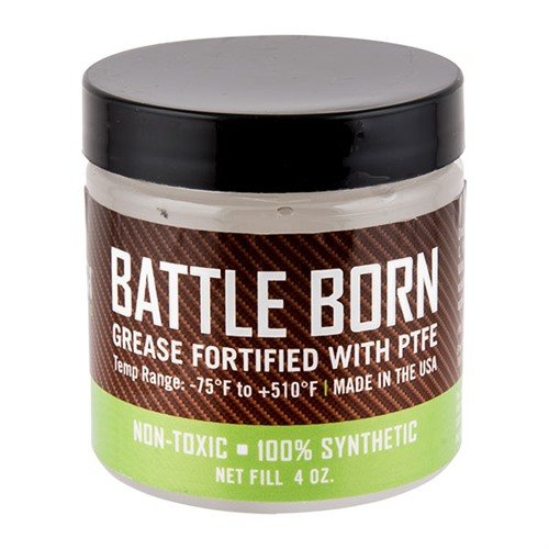 BATTLE BORN GREASE ensures smooth operation of firearms and tools in extreme temperatures, is water-resistant, non-toxic, and available in a convenient applicator.