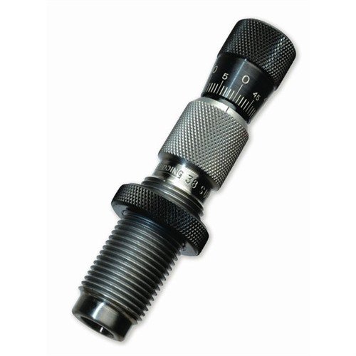 Redding's Micro-Adjustable Taper Crimp Dies offer quick adjustments without removing the die, featuring a knurled micrometer barrel for precise crimping.