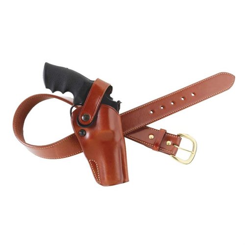The Dual Action Outdoorsman holster offers secure field carry with a retention strap, adjustable tension, and premium saddle leather, fitting belts up to 1 3/4