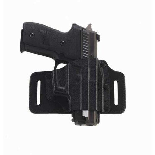 The Galco TacSlide holster offers a blend of steerhide and Kydex for comfort and concealment, fitting belts up to 1 3/4