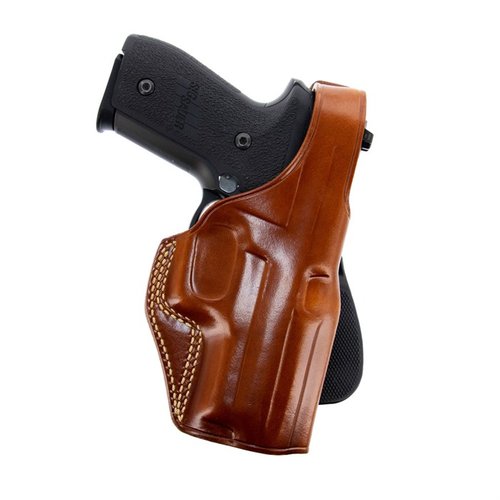 The Galco PLE Paddle Holster features a thumb break retention strap for safety, quick draw capability, and premium saddle leather, fitting belts up to 1 3/4