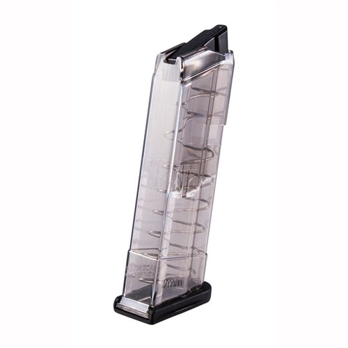 The ETS Glock 43 9mm magazines feature lightweight, translucent polymer for easy loading visibility, available in 6, 9, and 12-round capacities, ensuring reliability.