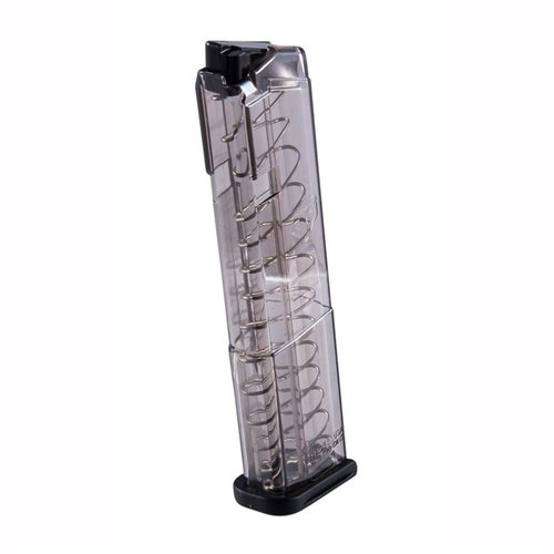 The ETS Glock 43 translucent polymer magazines offer lightweight reliability, visible round counts, easy disassembly, and creep resistance for long-term storage.