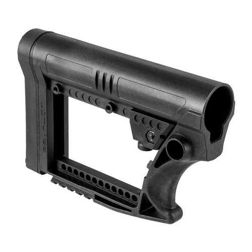 The Luth-AR Skullaton Stock is a lightweight, comfortable, and visually appealing buttstock, compatible with most .223 and .308 rifles, featuring a picatinny rail.