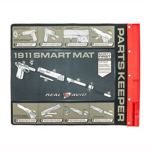 The Real Avid 1911 Smart Mat features printed disassembly instructions, a magnetic parts section, and an attached tray, ensuring easy, organized maintenance.