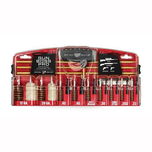The Real Avid Gun Boss Pro Universal Cleaning Kit includes essential tools for cleaning rifles, handguns, and shotguns in multiple calibers, all in a durable case.