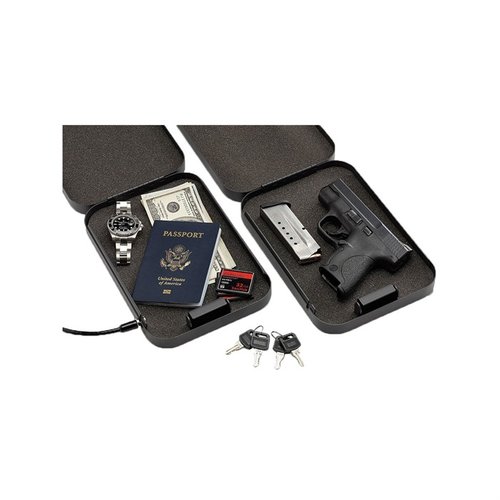 Securely store handguns and valuables with the Snap Safe Lock Box, featuring heavy steel construction, foam interior, and a 16 gauge steel cable for added security.