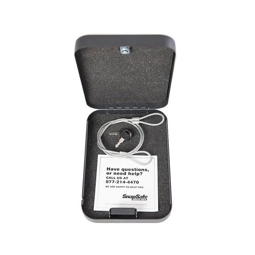 The Snap Safe XX-Large Lock Box offers secure storage for handguns and valuables, featuring heavy steel construction, foam interior, and a sturdy steel cable for added safety.