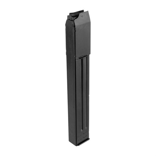 The ATI MP40 Magazine 9mm Luger features durable steel construction, a sleek black finish, and a generous 25-round capacity, perfect for your GSG MP-40.