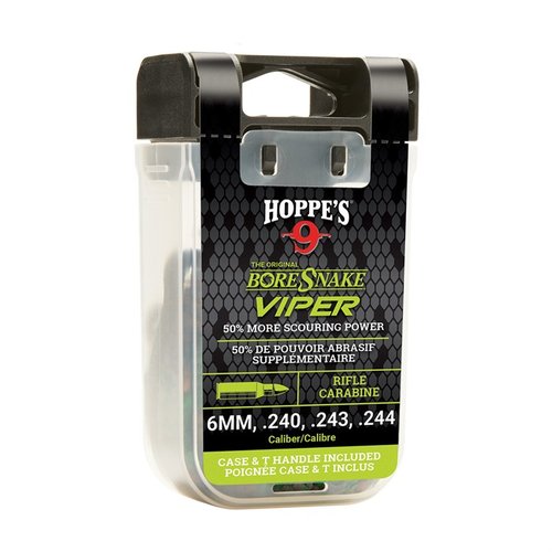 The HOPPES Rifle Viper Bore Snake offers efficient cleaning with 50% more scrubbing surface, a cone-shaped guide, and is washable and reusable for 5.56/.223 calibers.