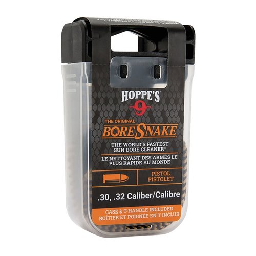 The HOPPES Pistol Bore Snake offers fast, pull-through cleaning for your handgun, featuring a built-in brush and reusable design, all in a compact 'den' case.
